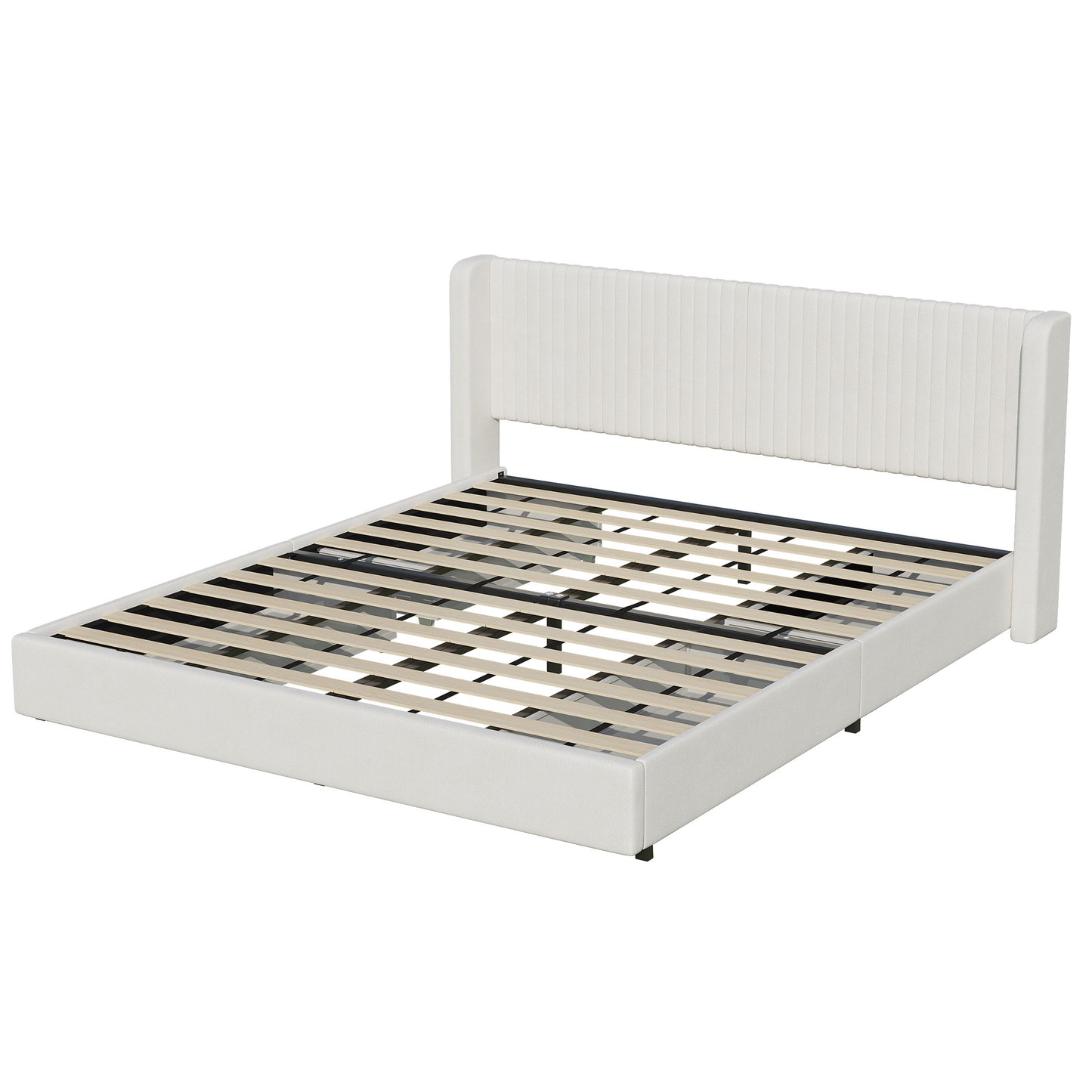 COOLHUT Upholstered King Size Platform Bed Frame with 4 Storage Drawers and Headboard, Wing Edge Design/Noise-Free/Wooden Slats Support/No Box Spring Needed/Easy Assembly