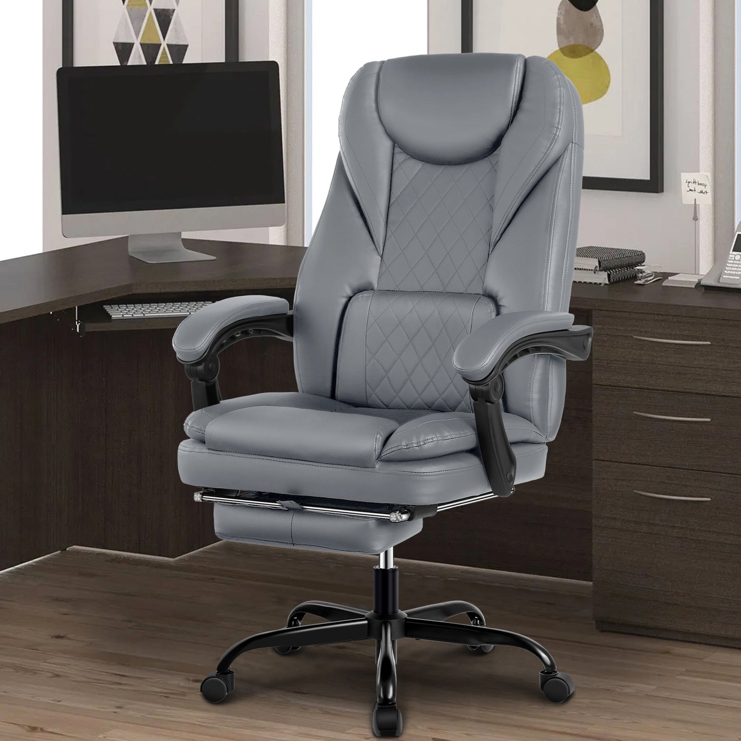 Coolhut Executive Office Chair, Big and Tall Office Chair with Foot Rest Reclining Leather Chair High Back Lumbar Support Ergonomic Office Chair with Padded Armrests