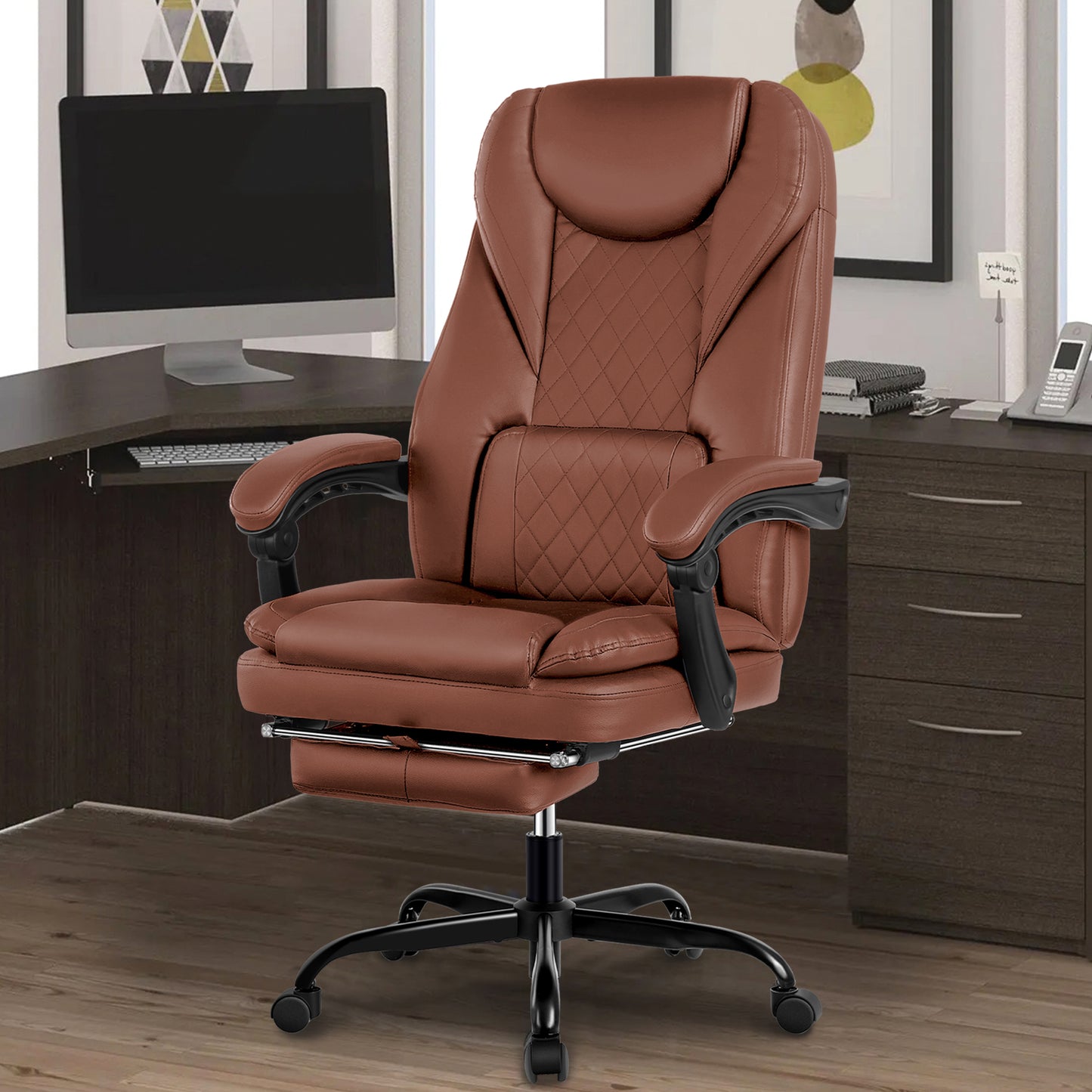 Coolhut Executive Office Chair, Big and Tall Office Chair with Foot Rest Reclining Leather Chair High Back Lumbar Support Ergonomic Office Chair with Padded Armrests