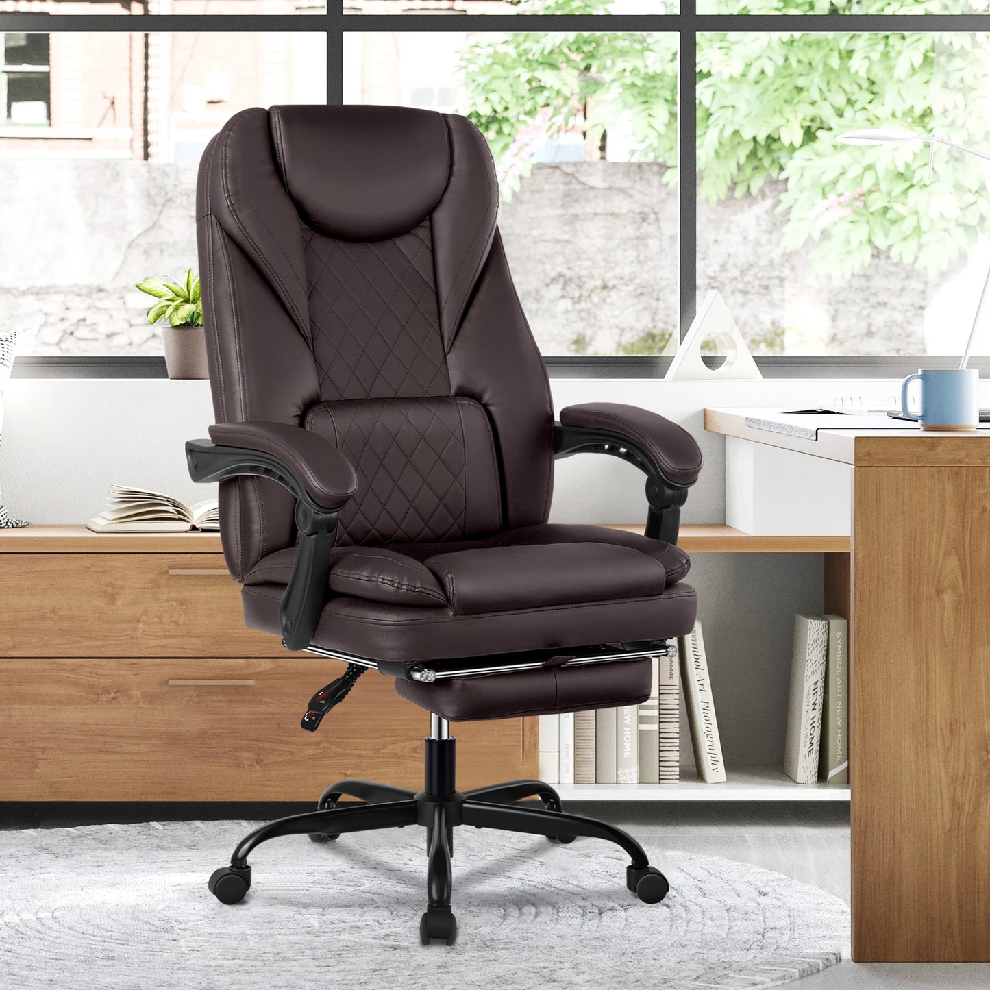Coolhut Executive Office Chair, Big and Tall Office Chair with Foot Rest Reclining Leather Chair High Back Lumbar Support Ergonomic Office Chair with Padded Armrests