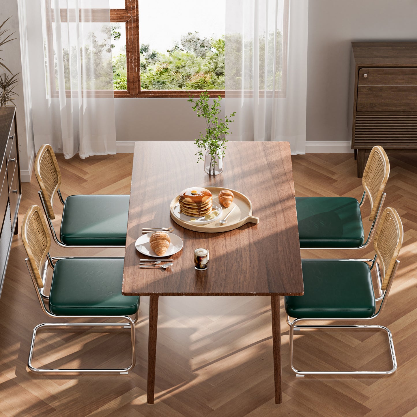 COOLHUT Rattan Dining Chair Set of 2, Mid Century Modern Kitchen Side Chairs, Mesh Back Armless Cane Dining Room Chairs with Metal Chrome Legs