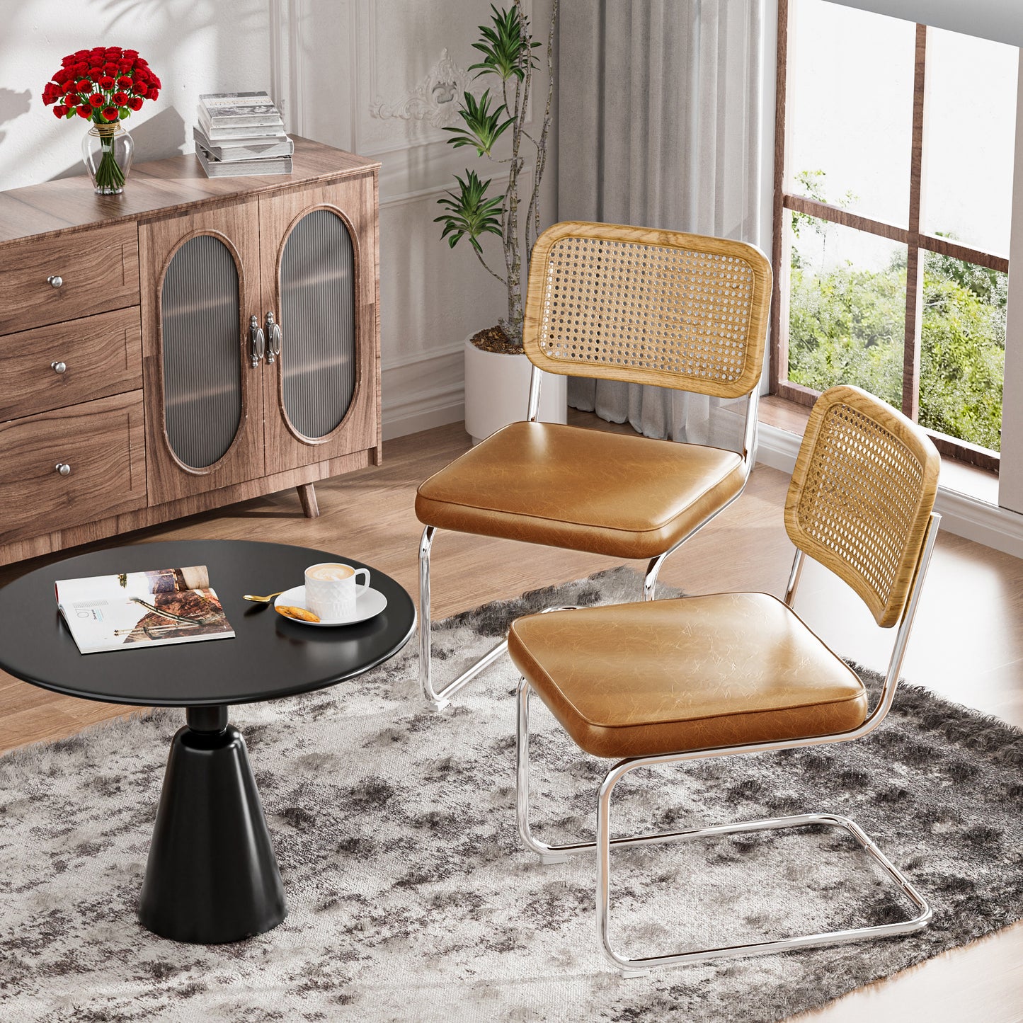 COOLHUT Rattan Dining Chair Set of 2, Mid Century Modern Kitchen Side Chairs, Mesh Back Armless Cane Dining Room Chairs with Metal Chrome Legs