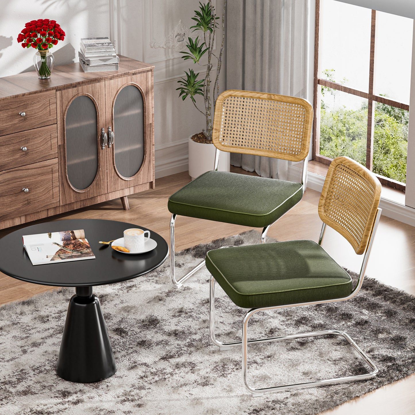 COOLHUT Rattan Dining Chair Set of 2, Mid Century Modern Kitchen Side Chairs, Mesh Back Armless Cane Dining Room Chairs with Metal Chrome Legs