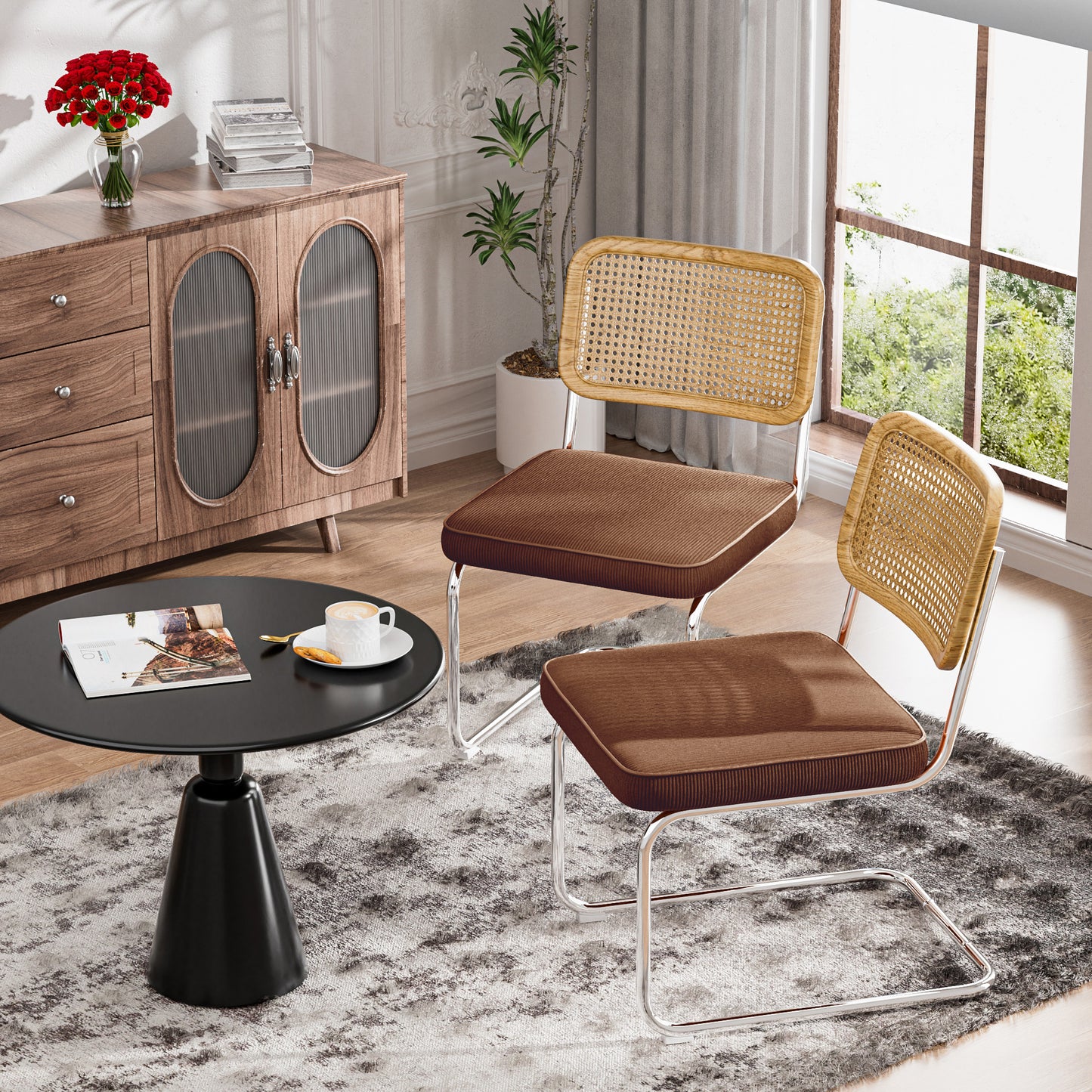 COOLHUT Rattan Dining Chair Set of 2, Mid Century Modern Kitchen Side Chairs, Mesh Back Armless Cane Dining Room Chairs with Metal Chrome Legs