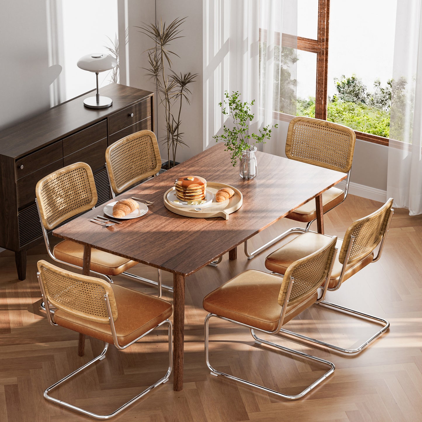 COOLHUT Rattan Dining Chair Set of 2, Mid Century Modern Kitchen Side Chairs, Mesh Back Armless Cane Dining Room Chairs with Metal Chrome Legs