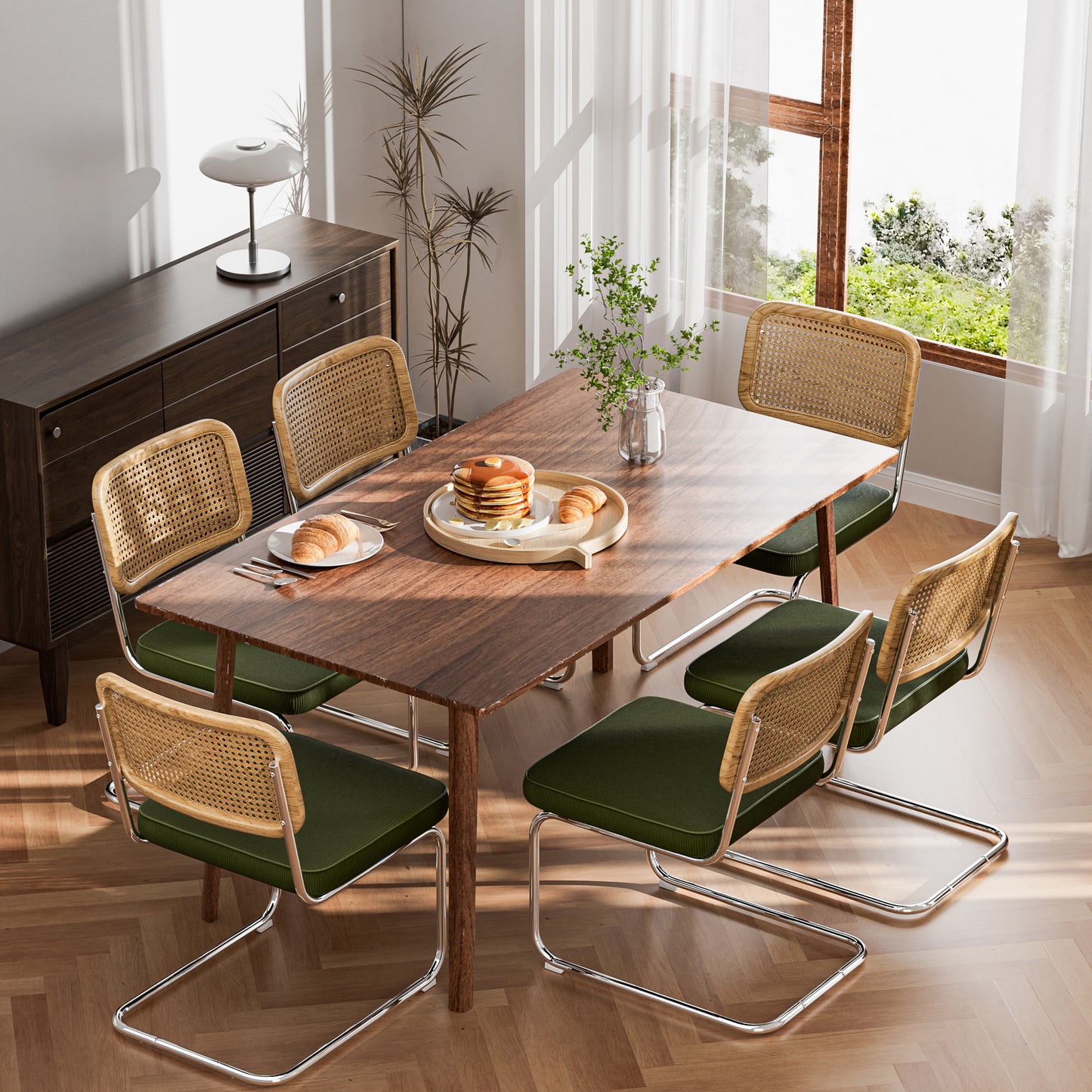 COOLHUT Rattan Dining Chair Set of 2, Mid Century Modern Kitchen Side Chairs, Mesh Back Armless Cane Dining Room Chairs with Metal Chrome Legs