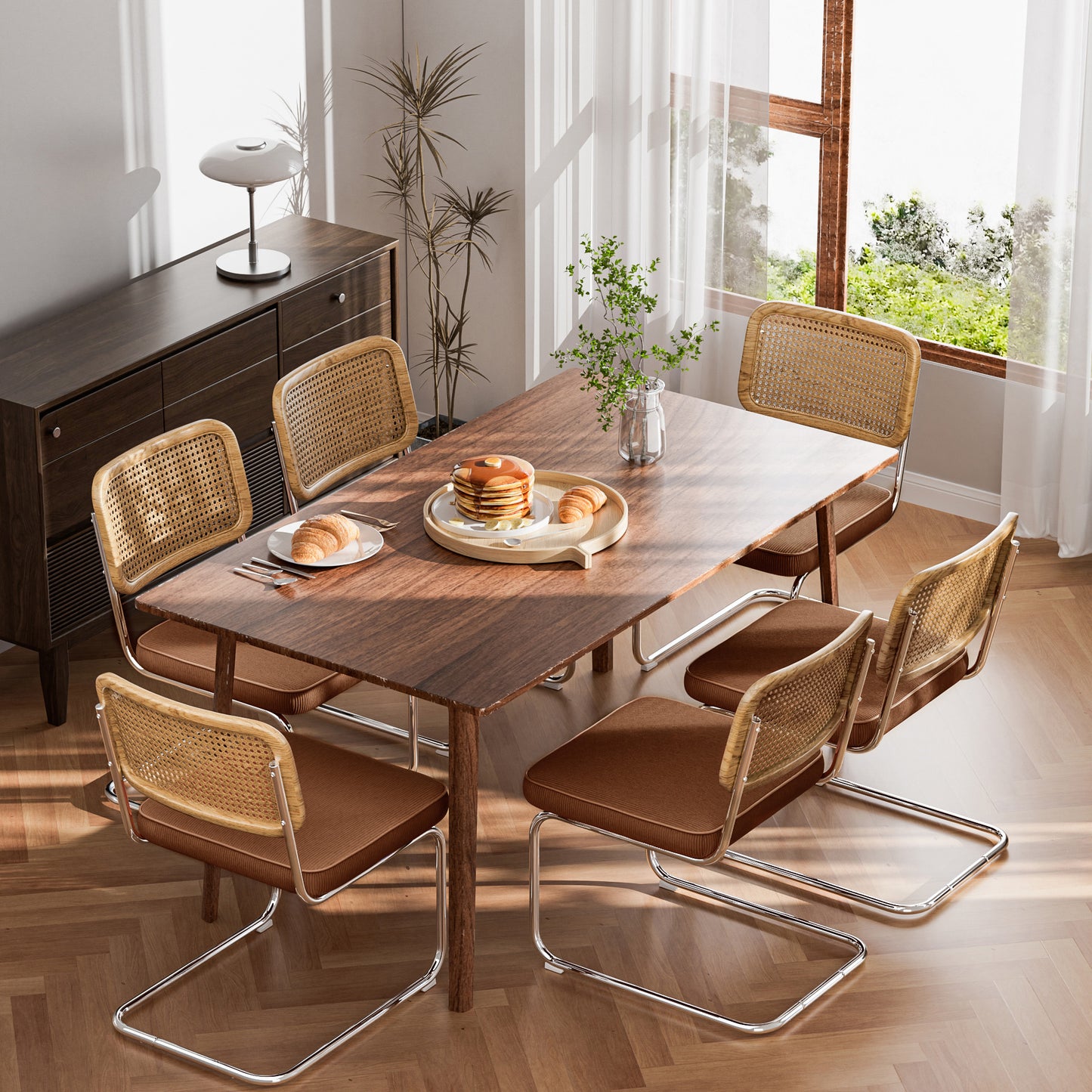 COOLHUT Rattan Dining Chair Set of 2, Mid Century Modern Kitchen Side Chairs, Mesh Back Armless Cane Dining Room Chairs with Metal Chrome Legs