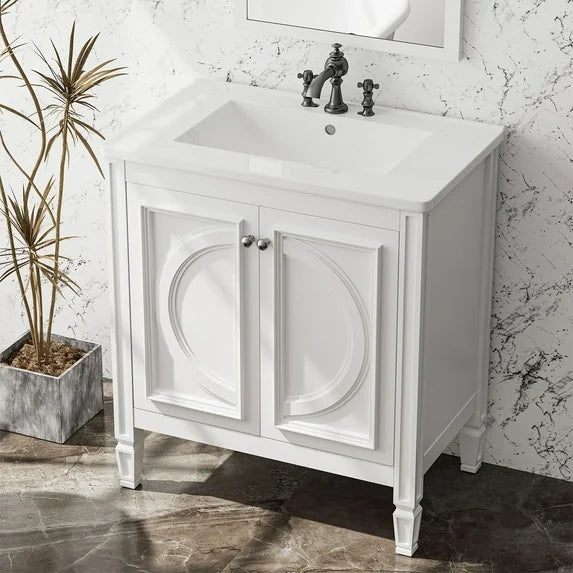 COOLHUT 30" Bathroom Vanity with Ceramic Basin and 2 Doors, Freestanding Bathroom Vanity and Sink Set, Bathroom Sink Cabinet, Faucet Not Included