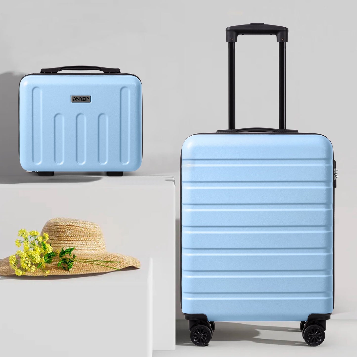 AMZFUN 20In Carry On Luggage and 14In Cosmetic Travel Case Set, Hardside PC+ABS Lightweight USB Suitcase with Silent Wheels TSA Lock