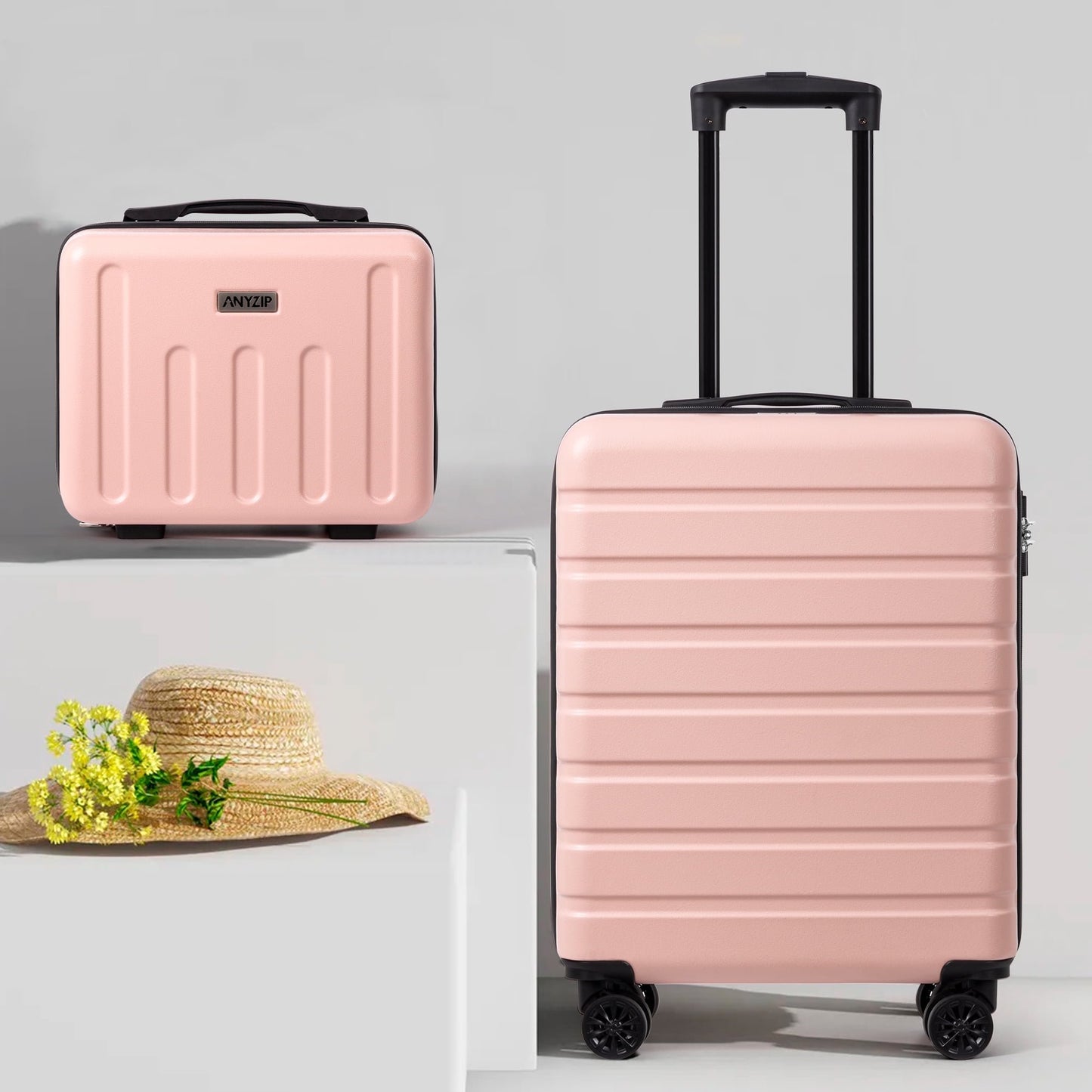 AMZFUN 20In Carry On Luggage and 14In Cosmetic Travel Case Set, Hardside PC+ABS Lightweight USB Suitcase with Silent Wheels TSA Lock
