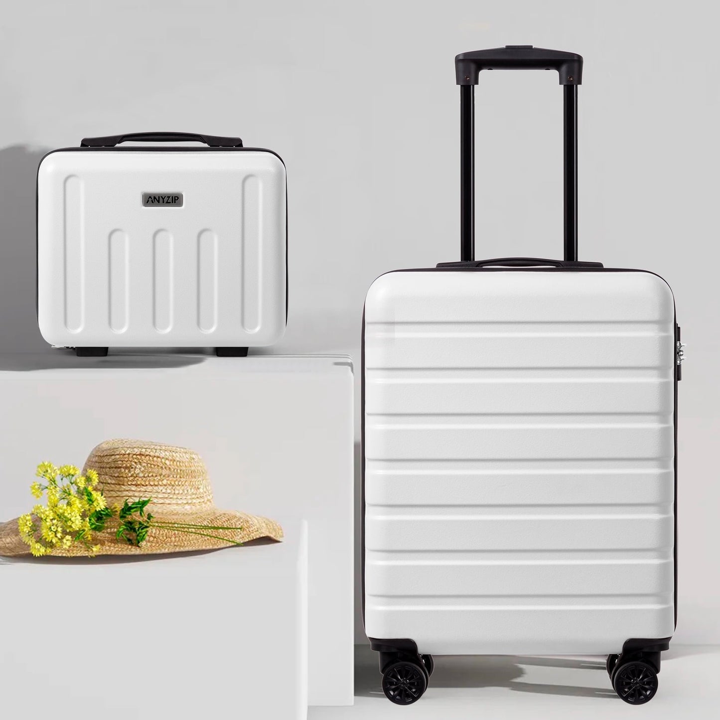 AMZFUN 20In Carry On Luggage and 14In Cosmetic Travel Case Set, Hardside PC+ABS Lightweight USB Suitcase with Silent Wheels TSA Lock