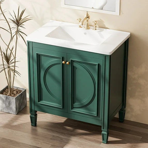 COOLHUT 30" Bathroom Vanity with Ceramic Basin and 2 Doors, Freestanding Bathroom Vanity and Sink Set, Bathroom Sink Cabinet, Faucet Not Included