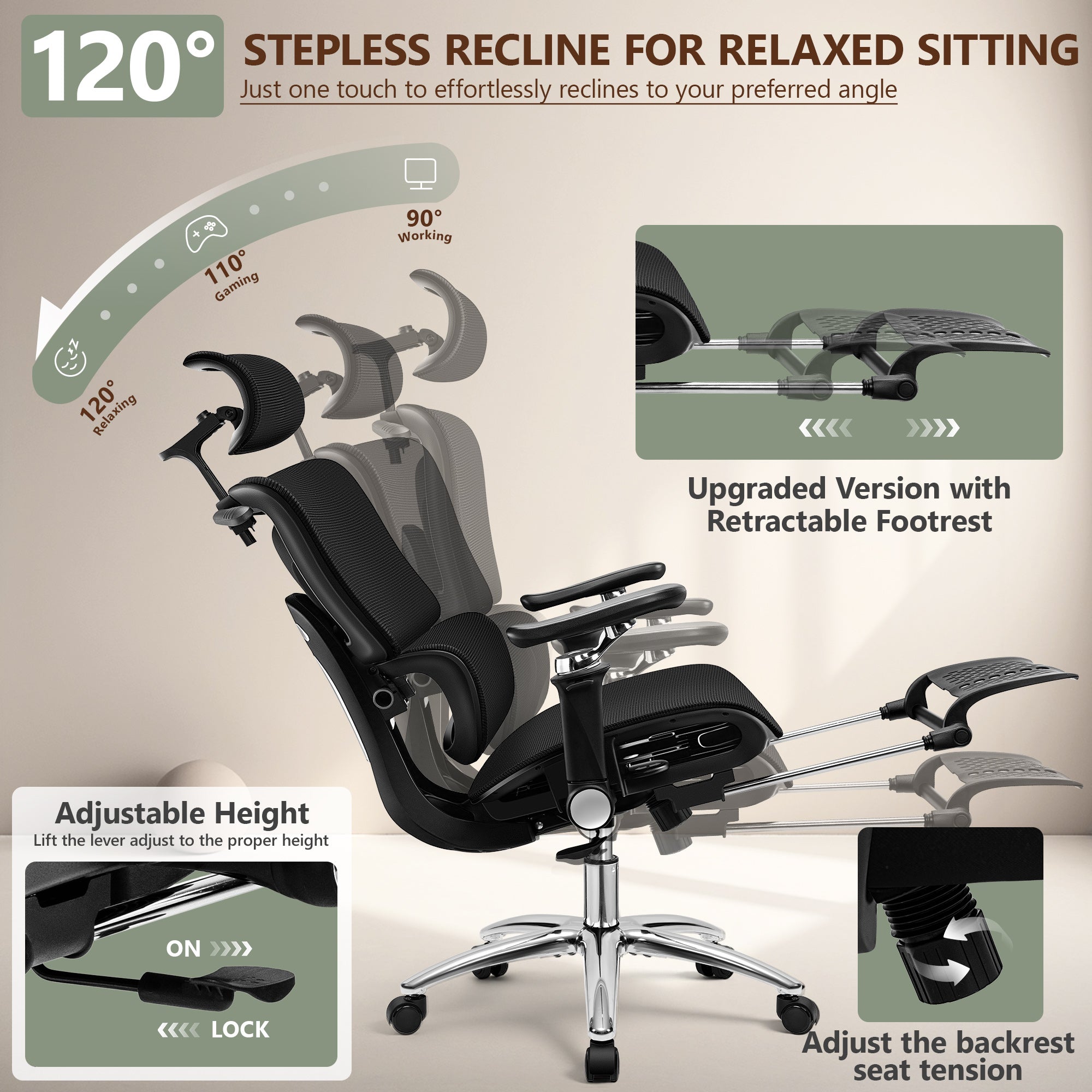 COOLHUT Premium Ergonomic Desk Chair with Footrest 2502