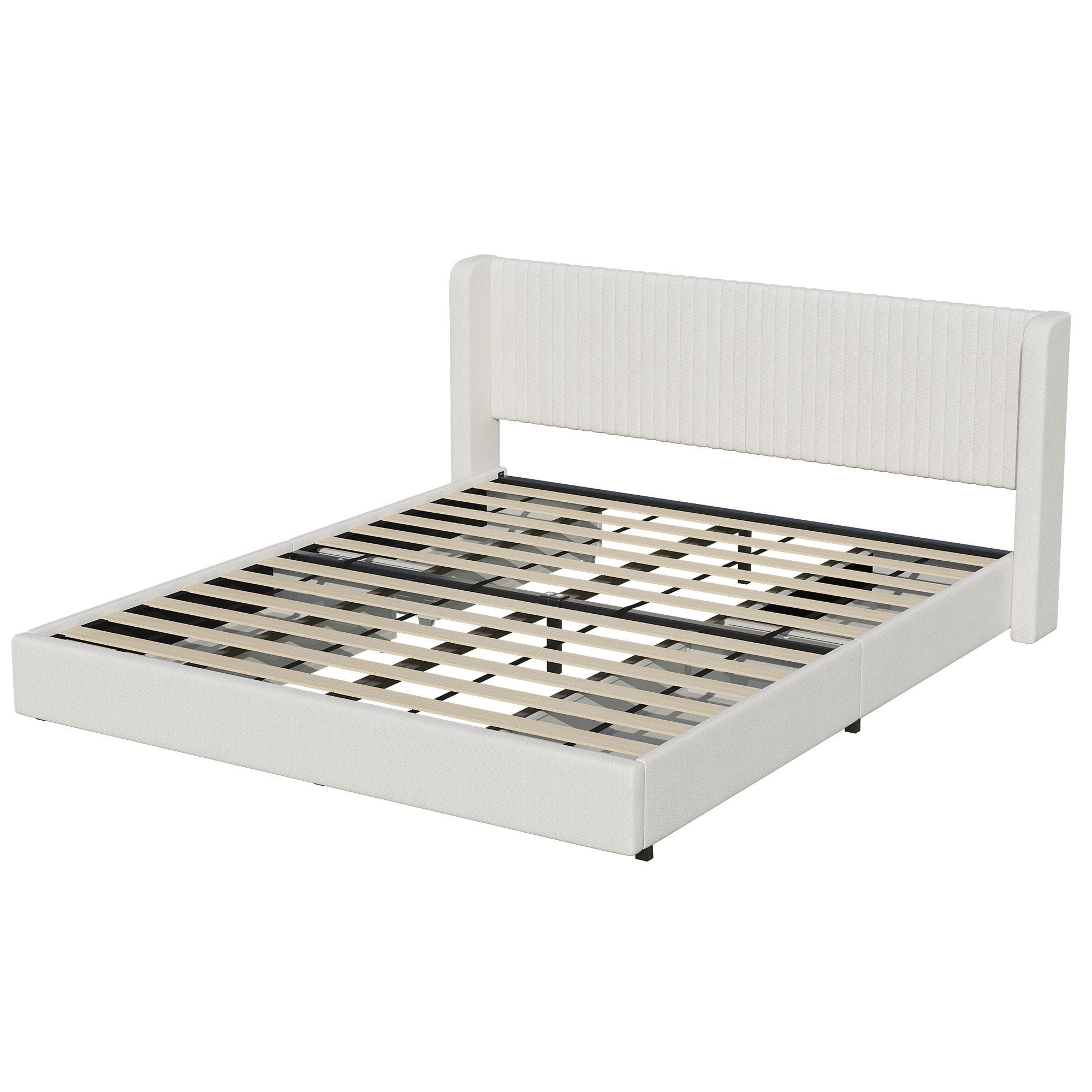COOLHUT Upholstered King Size Platform Bed Frame with 4 Storage Drawers and Headboard, Wing Edge Design/Noise-Free/Wooden Slats Support/No Box Spring Needed/Easy Assembly