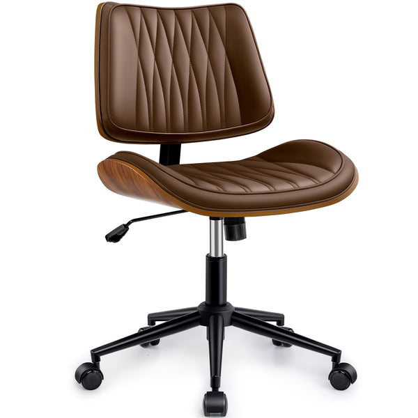 COOLHUT Home Office Chair, Armless Adjustable Height Small Office Desk Chair, PU Leather Swivel Computer Chair, Modern Walnut Bentwood Chair for Office, Reading Meeting Room, Makeup Vanity