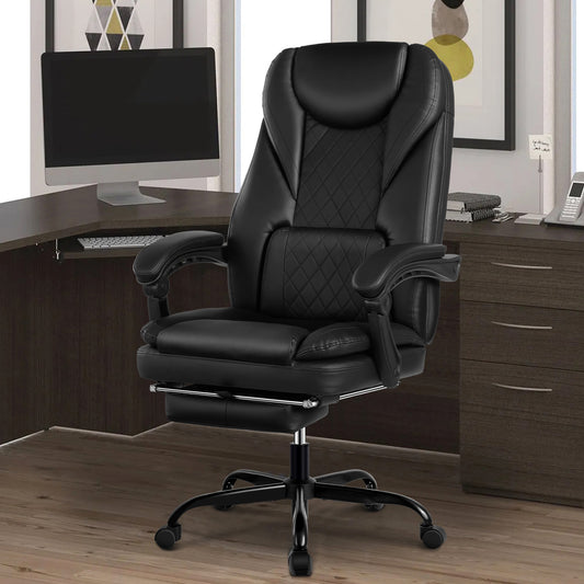 Coolhut Executive Office Chair, Big and Tall Office Chair with Foot Rest Reclining Leather Chair High Back Lumbar Support Ergonomic Office Chair with Padded Armrests