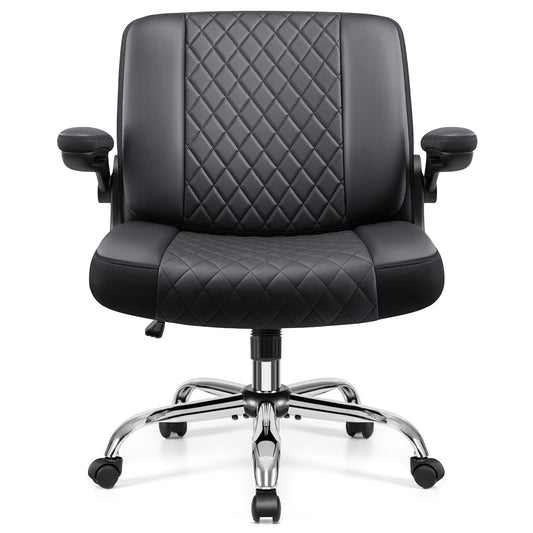 COOLHUT Criss Cross Office Chair with Flip Padded Backrest, Comfy PU Leather Cross Legged Desk Chair, Flip-Up Arms & Extra-Wide Seat for Home Office, Vanity Chair