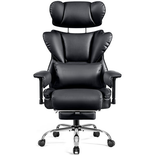COOLHUT Big and Tall Leather Office Chair with Adjustable Headrest, Executive Computer Desk Chair with 3D Adjustable Padded Armrest, Ergonomic Office Chair with Thick Cushion & Lumbar Support