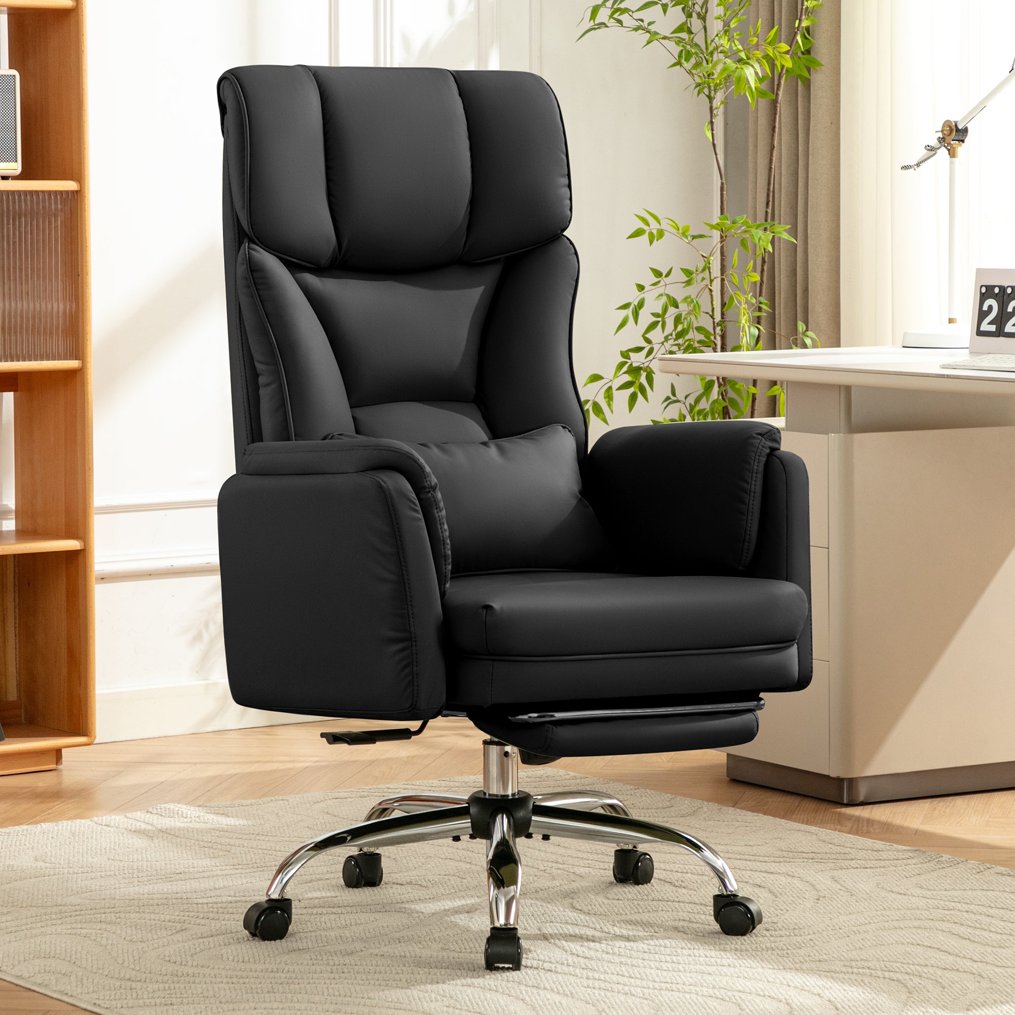 COOLHUT Big and Tall Office Chair, High Back Executive PU Leather Desk Chair with Footrest, Ergonomic Home Office Chair Computer Chair with Lumbar Support & Padded Armrest