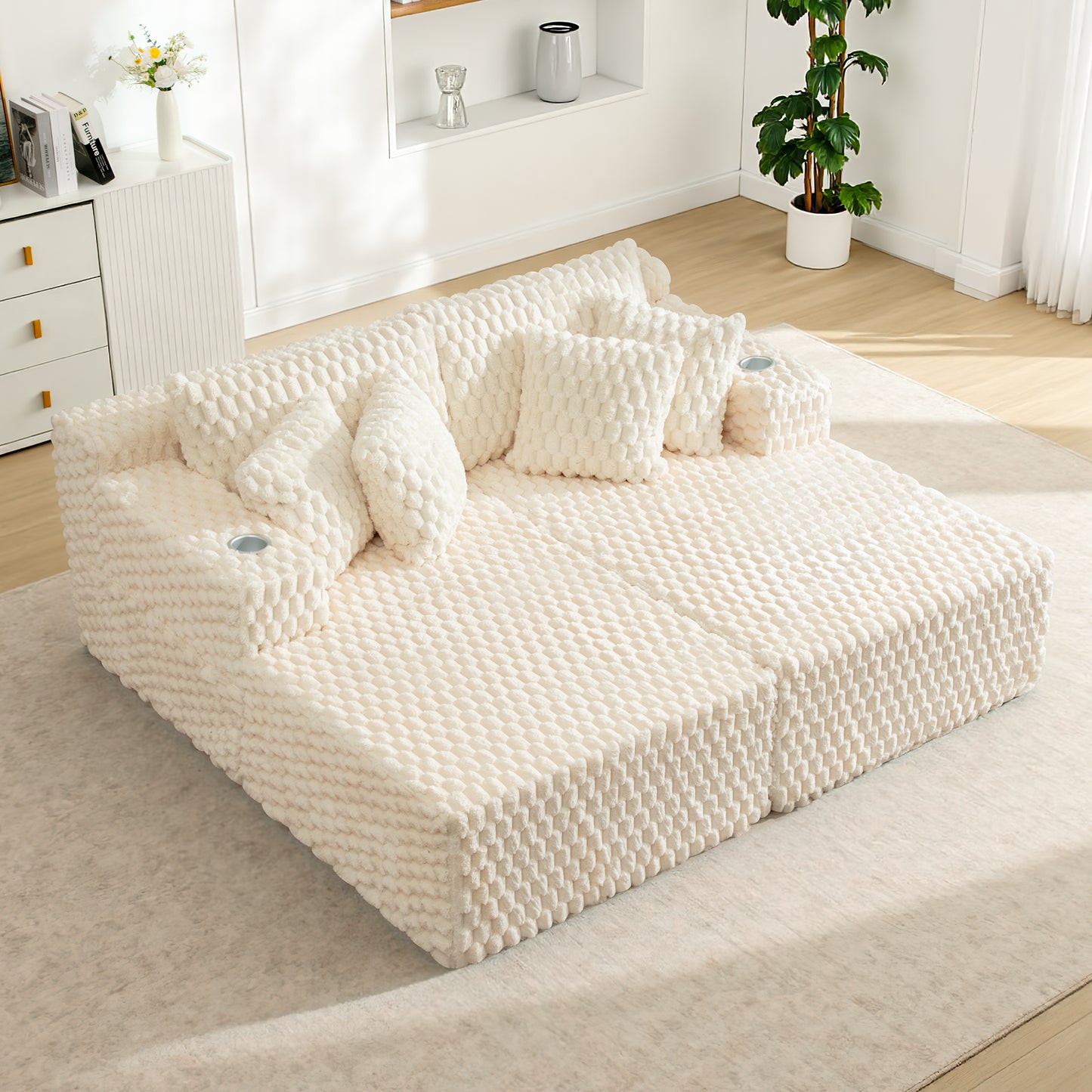 COOLHUT 74.8" Oversize Double Lounge Chaise Sofa Bed, Corduroy Sleeper Sofa Couch, Deep Seat Floor Sofa with Pillows, Fluffy Sofa for Living Room, Apartment and Bedroom, No Assembly Required