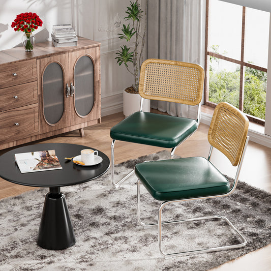 COOLHUT Rattan Dining Chair Set of 2, Mid Century Modern Kitchen Side Chairs, Mesh Back Armless Cane Dining Room Chairs with Metal Chrome Legs