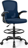 Drafting Chair Tall Office Chair for Standing Desk - Ergonomic Computer Work Stool with Flip-up Arms, Foot Ring & Adjustable Lumbar Support. Ideal for Studio, Artist, Engineer, & Study (Black)