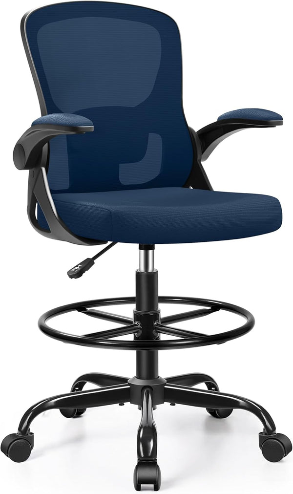 Drafting Chair Tall Office Chair for Standing Desk - Ergonomic Computer Work Stool with Flip-up Arms, Foot Ring & Adjustable Lumbar Support. Ideal for Studio, Artist, Engineer, & Study (Black)