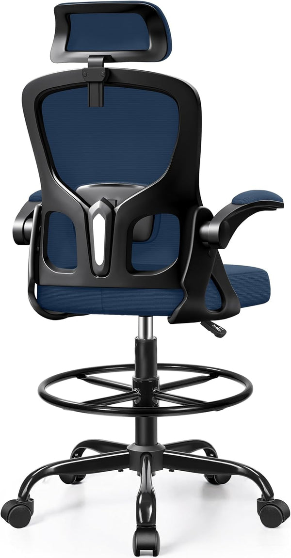 Drafting Chair, Tall Office Chair for Standing Desk, Ergonomic High Back with Headrest, Lumbar Support, Foot Ring and Flip-up Armrests, Black