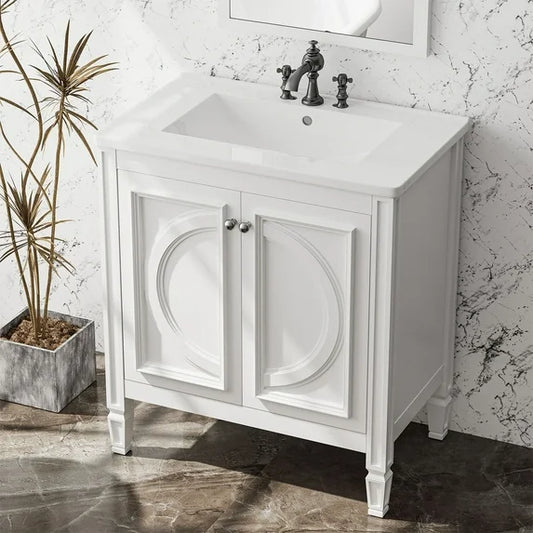 COOLHUT 30" Bathroom Vanity with Ceramic Basin and 2 Doors, Freestanding Bathroom Vanity and Sink Set, Bathroom Sink Cabinet, Faucet Not Included