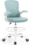 Drafting Chair Tall Office Chair for Standing Desk - Ergonomic Computer Work Stool with Flip-up Arms, Foot Ring & Adjustable Lumbar Support. Ideal for Studio, Artist, Engineer, & Study (Black)