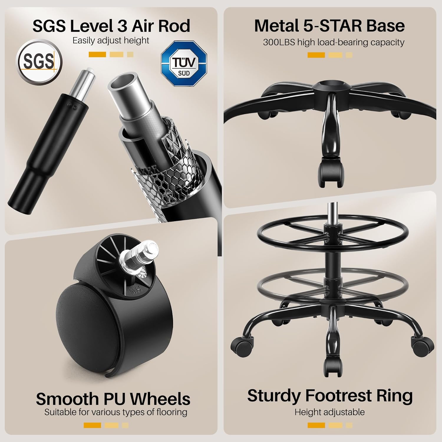 Drafting Chair, Tall Office Chair for Standing Desk, Ergonomic High Back with Headrest, Lumbar Support, Foot Ring and Flip-up Armrests, Black