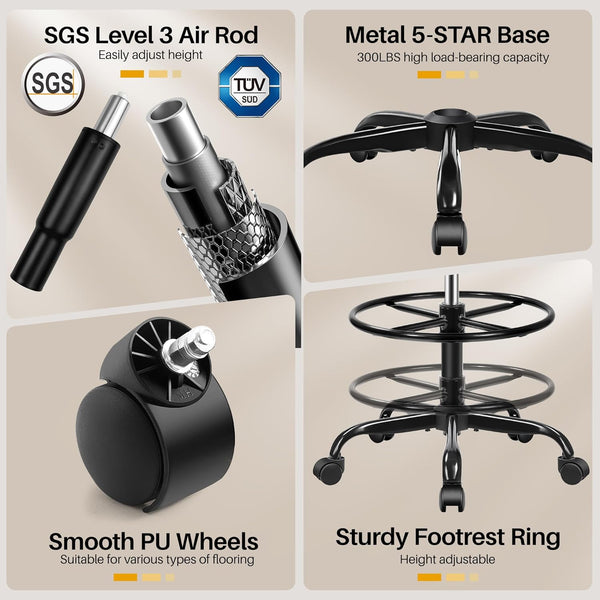 Drafting Chair, Tall Office Chair for Standing Desk, Ergonomic High Back with Headrest, Lumbar Support, Foot Ring and Flip-up Armrests, Black