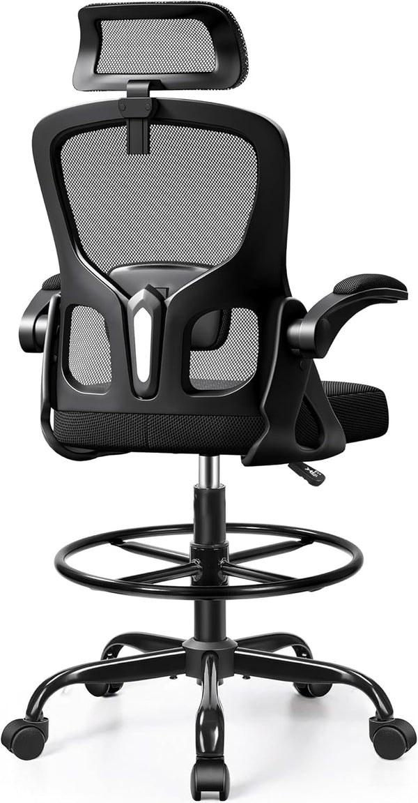 Drafting Chair, Tall Office Chair for Standing Desk, Ergonomic High Back with Headrest, Lumbar Support, Foot Ring and Flip-up Armrests, Black