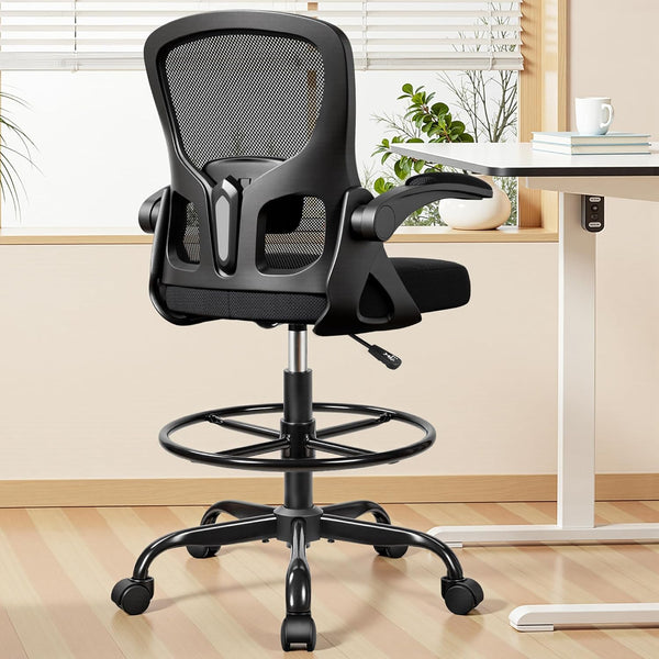 Drafting Chair Tall Office Chair for Standing Desk - Ergonomic Computer Work Stool with Flip-up Arms, Foot Ring & Adjustable Lumbar Support. Ideal for Studio, Artist, Engineer, & Study (Black)