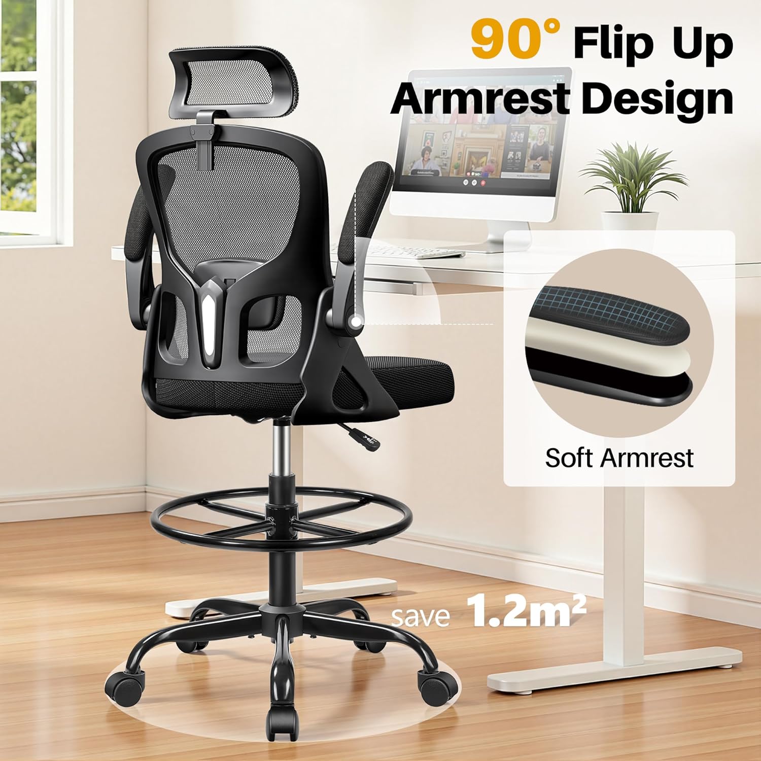 Drafting Chair, Tall Office Chair for Standing Desk, Ergonomic High Back with Headrest, Lumbar Support, Foot Ring and Flip-up Armrests, Black