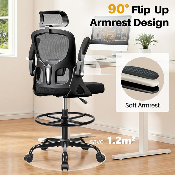 Drafting Chair, Tall Office Chair for Standing Desk, Ergonomic High Back with Headrest, Lumbar Support, Foot Ring and Flip-up Armrests, Black