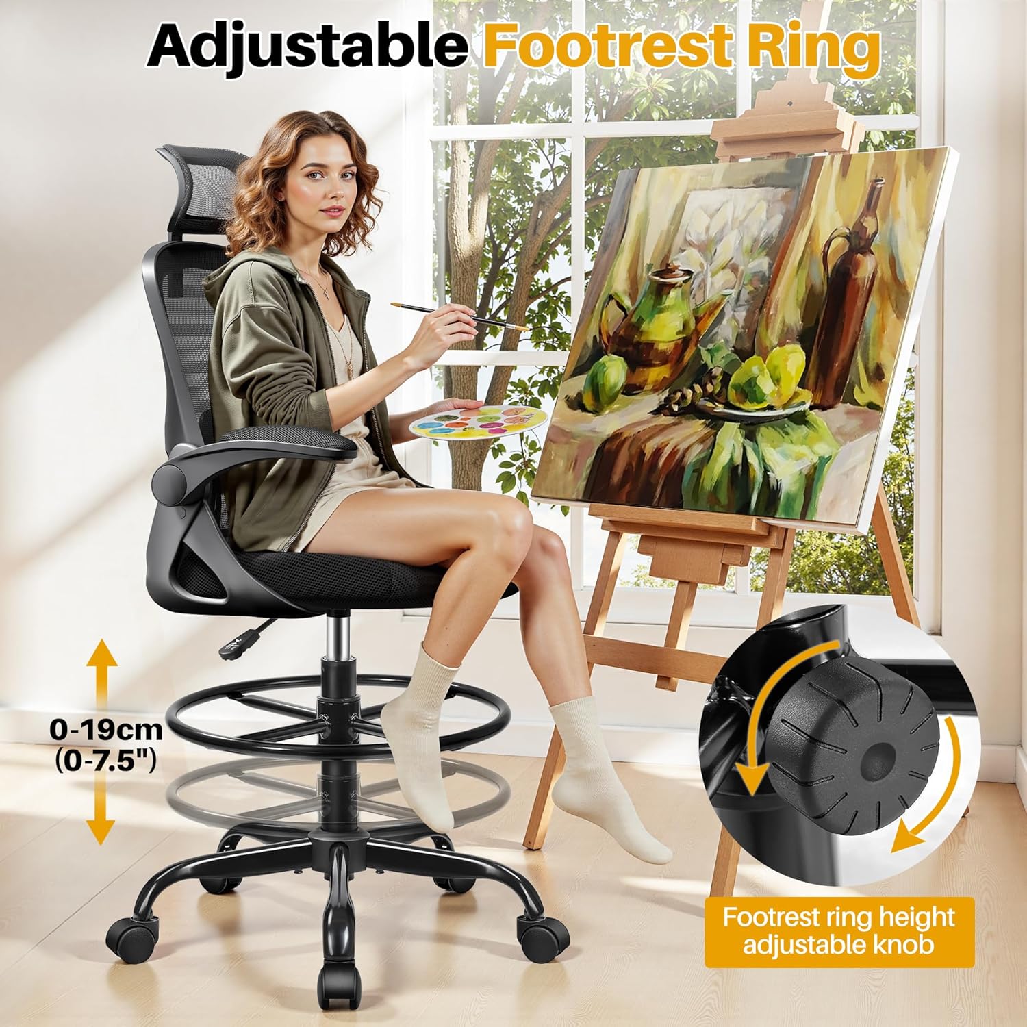 Drafting Chair, Tall Office Chair for Standing Desk, Ergonomic High Back with Headrest, Lumbar Support, Foot Ring and Flip-up Armrests, Black