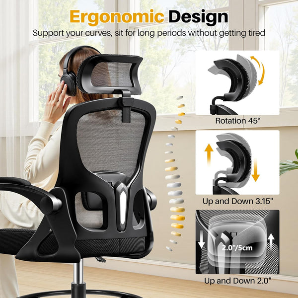 Drafting Chair, Tall Office Chair for Standing Desk, Ergonomic High Back with Headrest, Lumbar Support, Foot Ring and Flip-up Armrests, Black