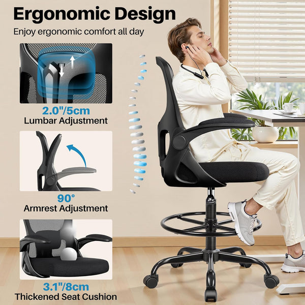Drafting Chair Tall Office Chair for Standing Desk - Ergonomic Computer Work Stool with Flip-up Arms, Foot Ring & Adjustable Lumbar Support. Ideal for Studio, Artist, Engineer, & Study (Black)