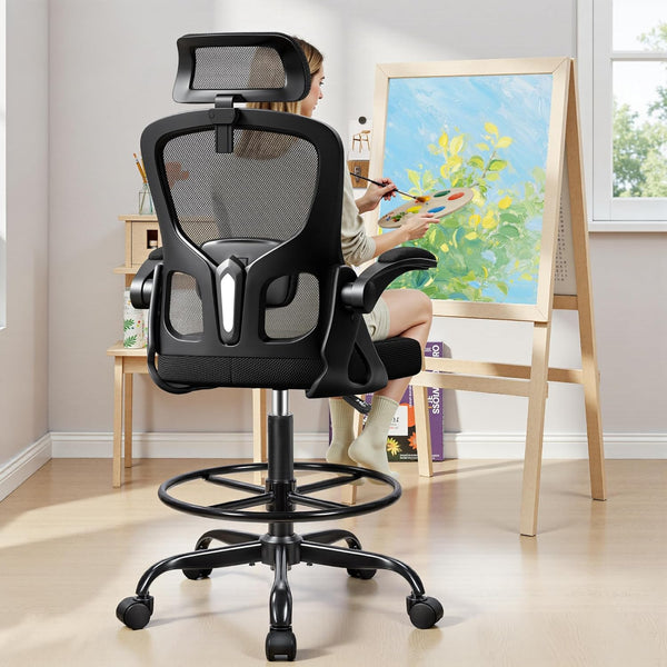 Drafting Chair, Tall Office Chair for Standing Desk, Ergonomic High Back with Headrest, Lumbar Support, Foot Ring and Flip-up Armrests, Black
