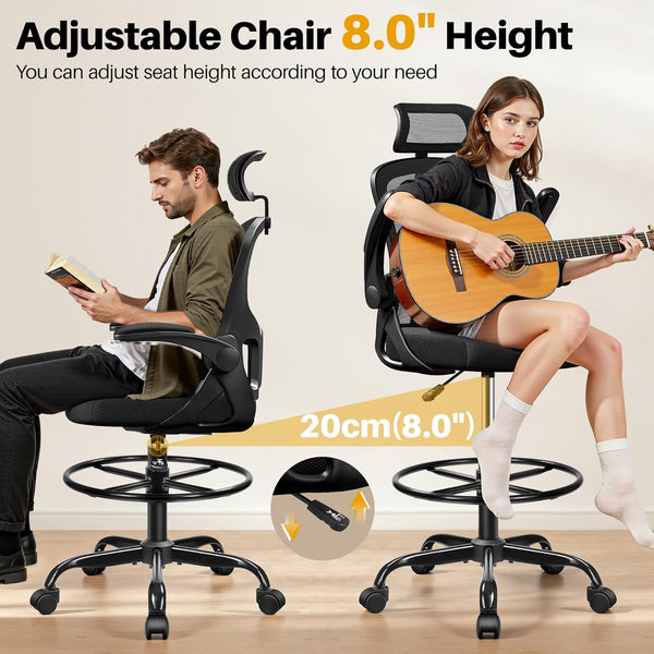 Drafting Chair, Tall Office Chair for Standing Desk, Ergonomic High Back with Headrest, Lumbar Support, Foot Ring and Flip-up Armrests, Black