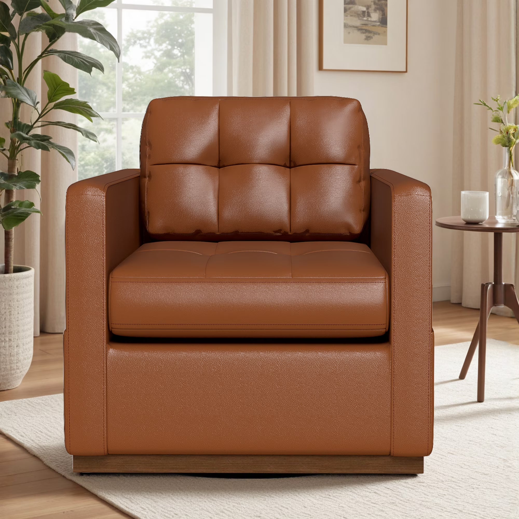 COOLHUT Swivel Accent Chair for Living Room, Modern Faux Leather Armchair with Throw Pillow, Square Upholstered Swivel Armchair
