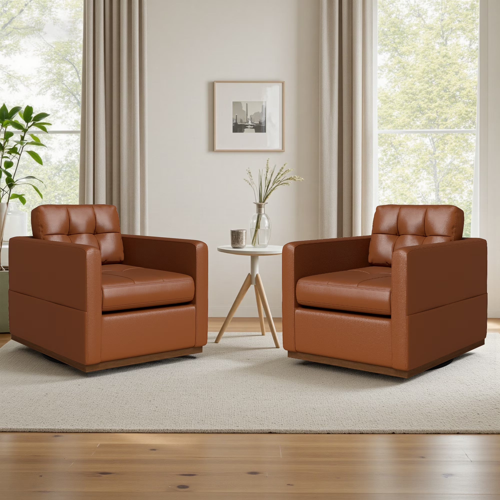 COOLHUT Swivel Accent Chair for Living Room, Modern Faux Leather Armchair with Throw Pillow, Square Upholstered Swivel Armchair