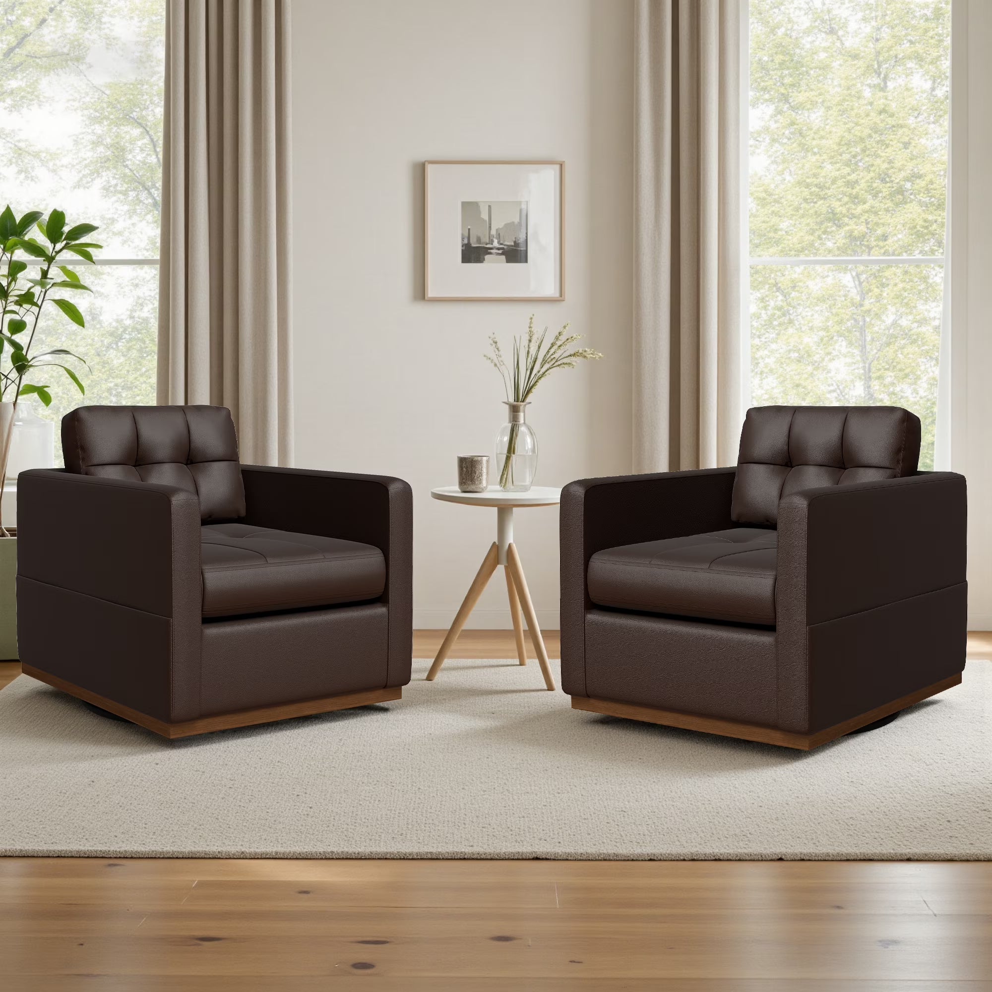 COOLHUT Swivel Accent Chair for Living Room, Modern Faux Leather Armchair with Throw Pillow, Square Upholstered Swivel Armchair