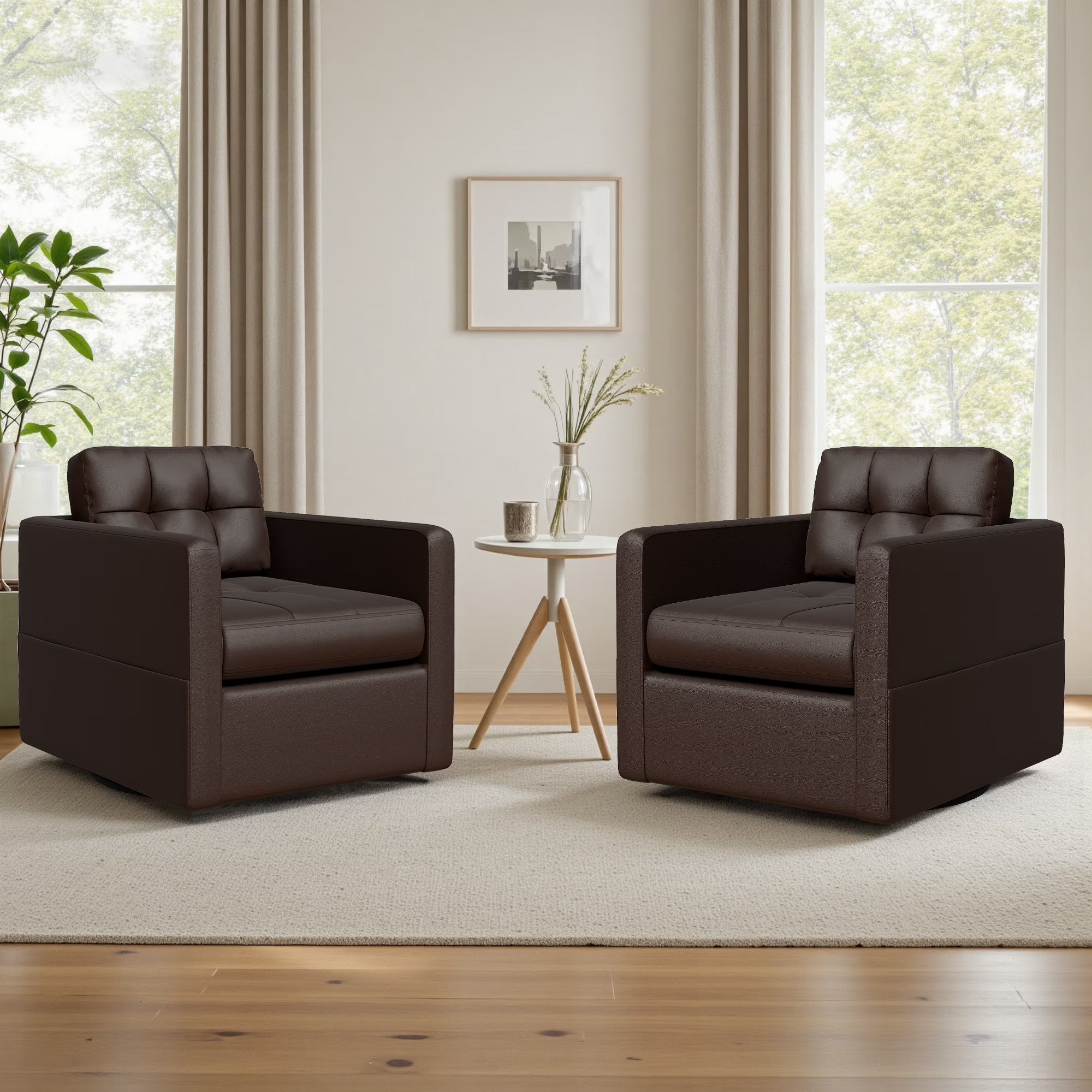 COOLHUT Swivel Accent Chair for Living Room, Modern Faux Leather Armchair with Throw Pillow, Square Upholstered Swivel Armchair