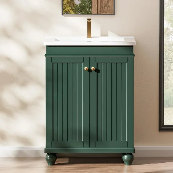 COOLHUT 24" Bathroom Vanity with Ceramic Basin and 2 Doors, Freestanding Bathroom Vanity and Sink Set, Bathroom Sink Cabinet, Faucet Not Included