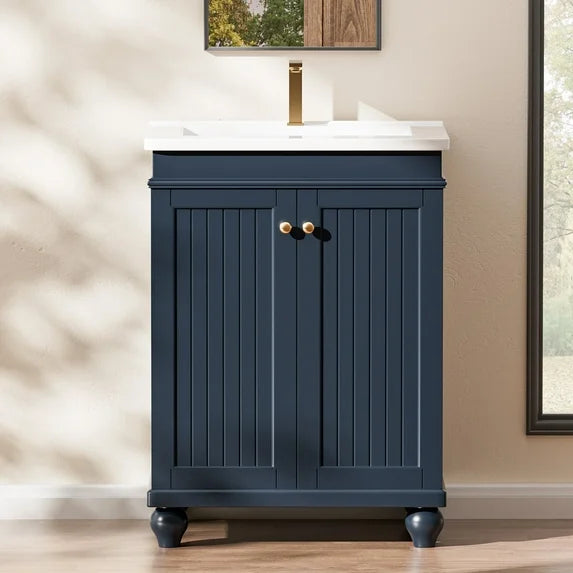 COOLHUT 24" Bathroom Vanity with Ceramic Basin and 2 Doors, Freestanding Bathroom Vanity and Sink Set, Bathroom Sink Cabinet, Faucet Not Included