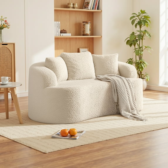 COOLHUT 65" 3 Seater Sofa Couch, Plush Floor Sofa Couch with Cozy Cushions & 3 Pillows, Curved Back Teddy Fabric Sofa for Living Room, Small Space