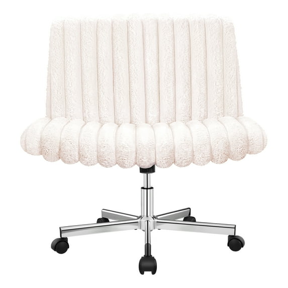 COOLHUT Office Chair Armless Criss Cross Legged Chair with Wheels, Teddy Fabric Comfy Home Office Desk Chairs, Wide Seat Vanity Task Computer Chair