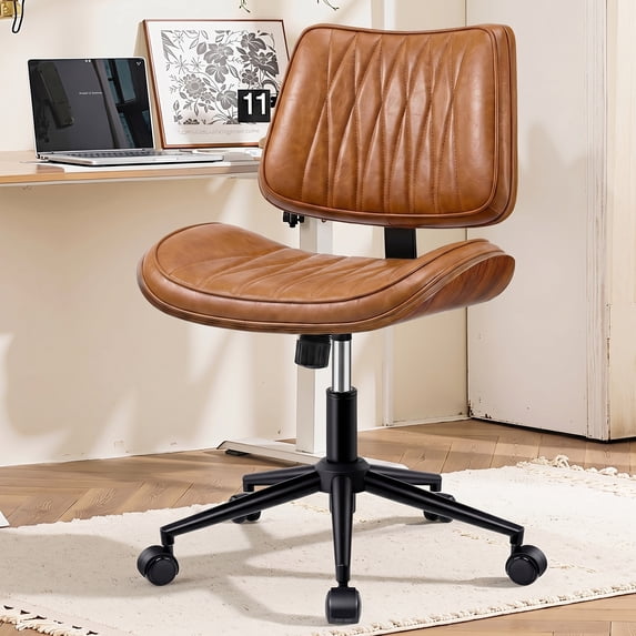 COOLHUT Home Office Chair, Armless Adjustable Height Small Office Desk Chair, PU Leather Swivel Computer Chair, Modern Walnut Bentwood Chair for Office, Reading Meeting Room, Makeup Vanity